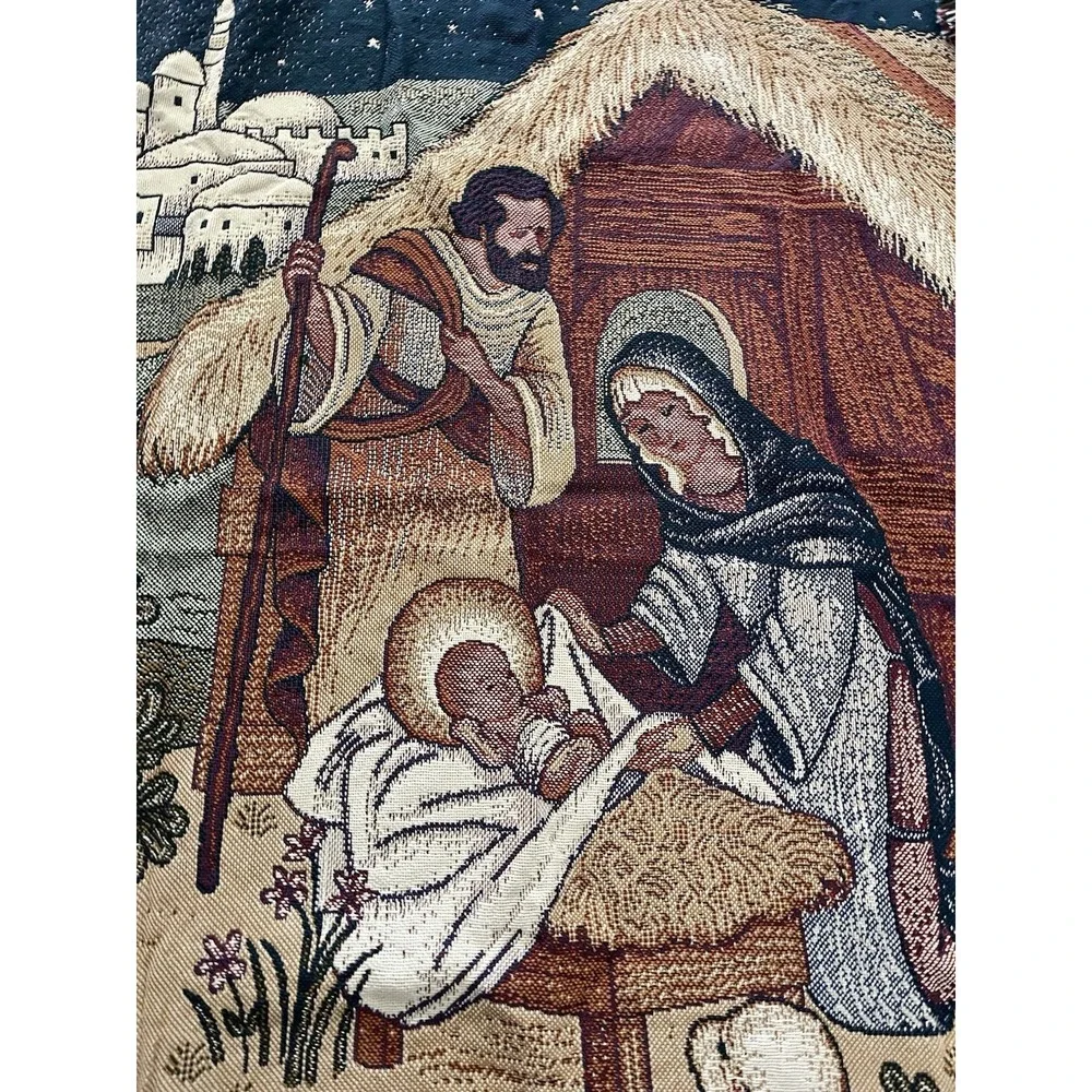 Vintage Nativity Holy Family Christmas Tapestry Blanket Throw Mary Jesus 49